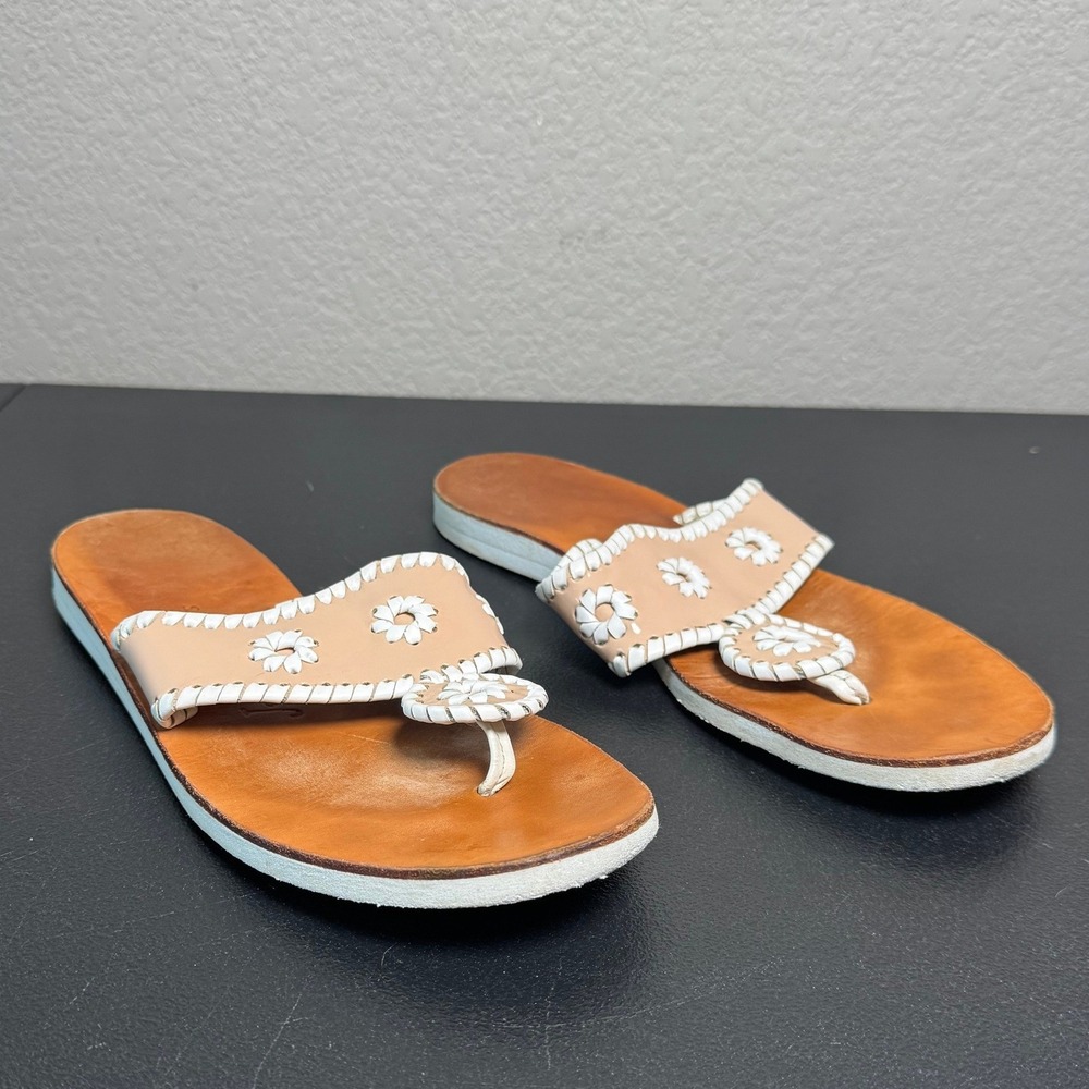 Jack Rogers Boating Jacks Sandal Tan White Leather Whipstitch 112261SA04 Sz 8